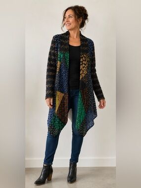 Dor Dor Couture Artsy Patchwork Open Front Cardigan Boho Lagenlook Size L